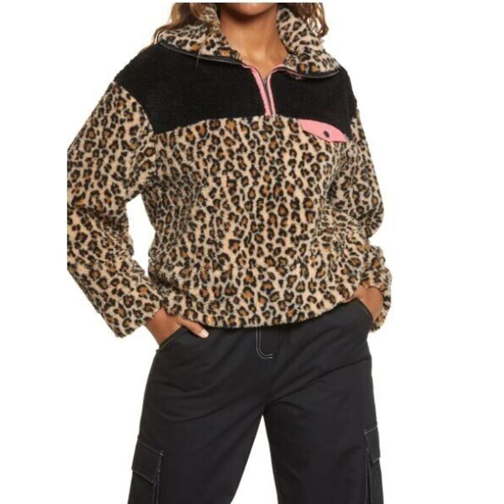 BP. Women's‎ Leopard Colorblock Fleece Pullover in Tan Dale Leopard Small $55